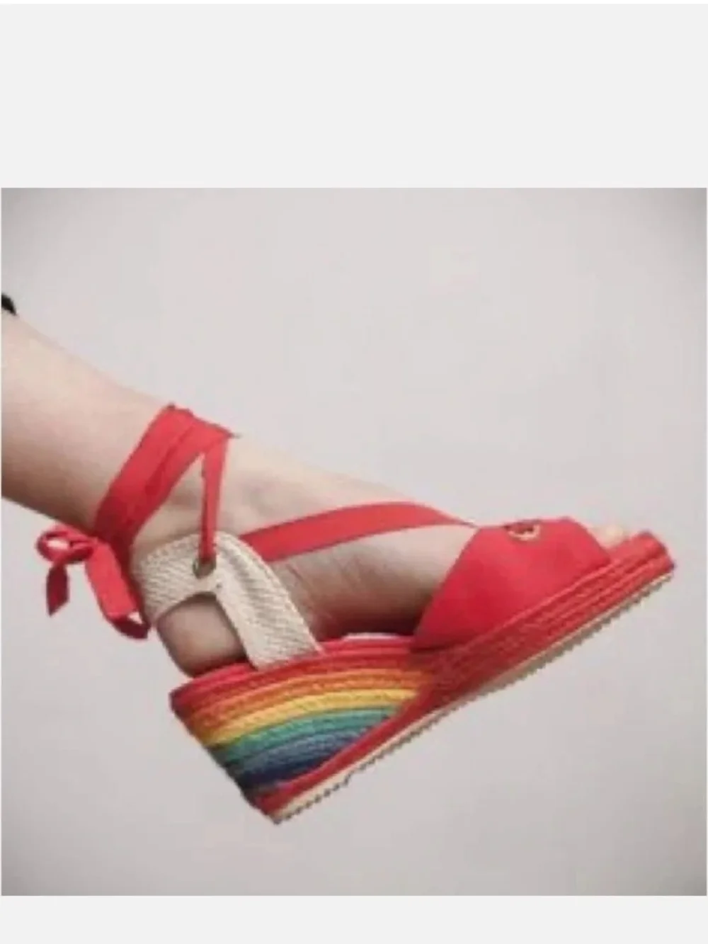 Red Ankle-Tie Wedge Sandals with Rainbow Espadrille